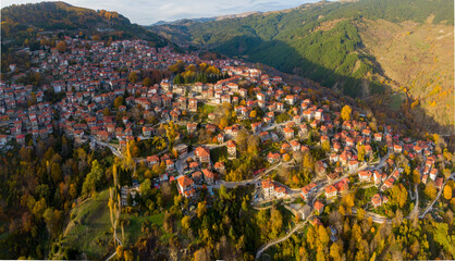 Wall Mural - Metsovo is one of the most beautiful villages in Greece, located in the mountain of Pindos, popular winter holiday destination, Aerial drone view