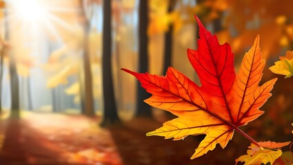 closeup of colorful autumn leaf in serene forest setting, showcasing bright hues of red and yellow. sunlight filters through trees, creating beautiful and tranquil atmosphere