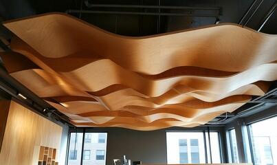 Wall Mural - Wavy wood ceiling with windows, pipes, and cabinets.