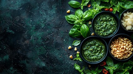 Wall Mural - Fresh pesto ingredients, recipe, dark background, food blog