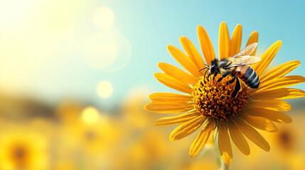 Wall Mural - Honeybee on a Yellow Daisy in Sunny Field, yellow flower, blossom, bloom, pollination, pollen