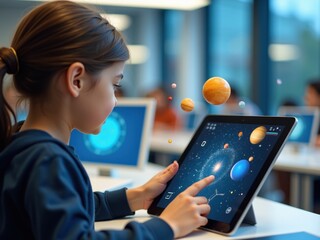 engaging student explores augmented reality application showing planets and galaxies in a classroom 