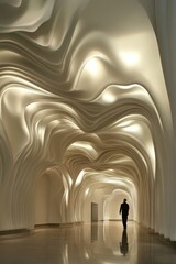 Wall Mural - Person walks through wave-like illuminated hallway structure.