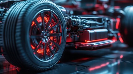 Wall Mural - Close Up of a Car's Wheel and Undercarriage with Red Glow