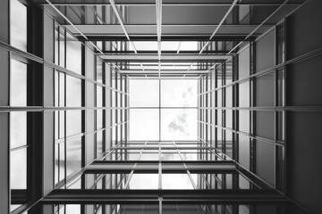 Wall Mural - Upward view of square structure with cloudy sky.