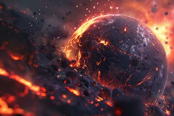 Wall Mural - Planet exploding with lava, magma, fire, and asteroids creating an apocalyptic scene