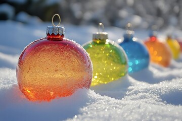 Wall Mural - colorful christmas balls resting on sparkling snow