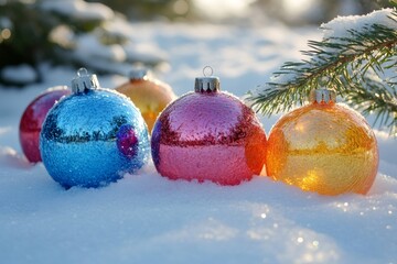 Wall Mural - colorful christmas balls are lying on the snow during sunset