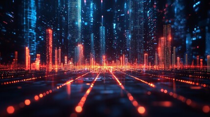Futuristic city, digital data streams, glowing skyline, night, technology concept