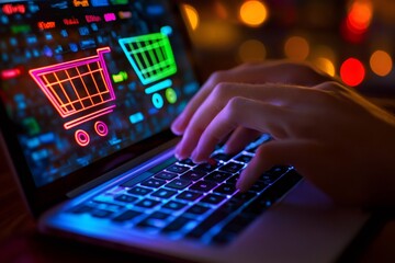 Programmer developing online shopping application on laptop with shopping cart icons