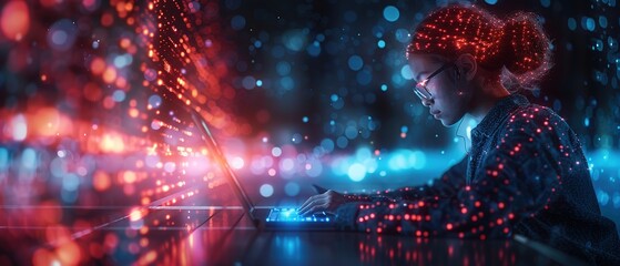 Data scientist, Programmer using laptop analyzing financial data on futuristic virtual interface. Algorithm. Global business development, strategy and planning