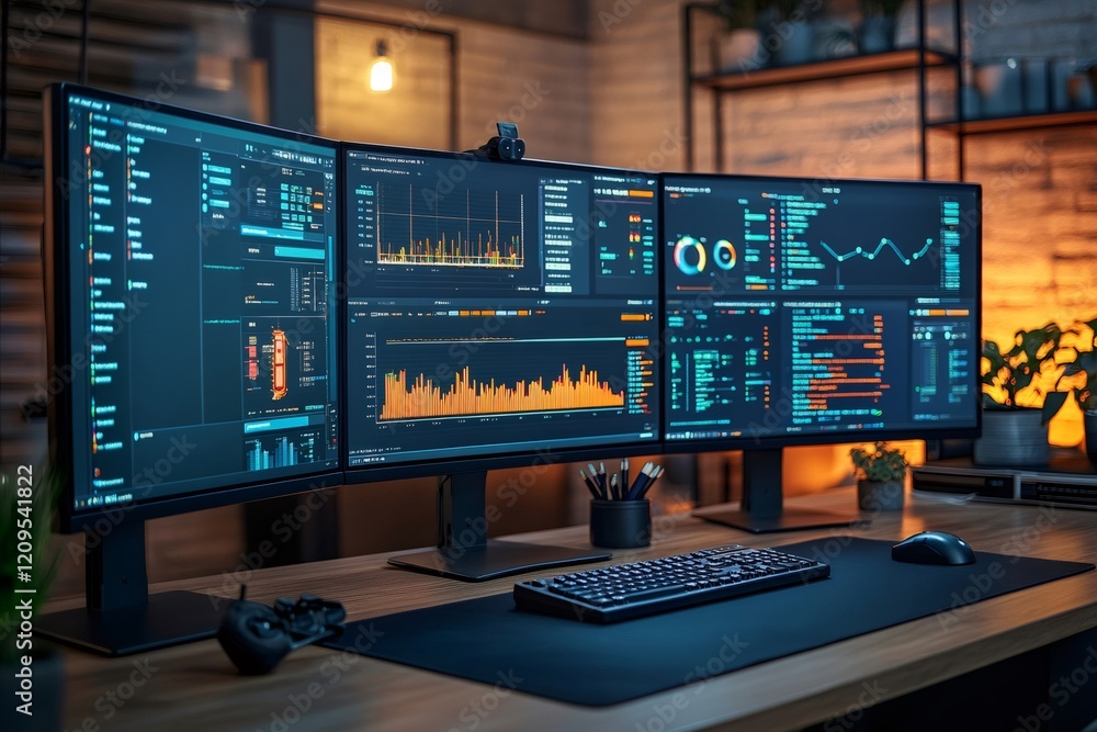 3 Screen Layout Workplace featuring triple monitor setup displaying complex data and ...