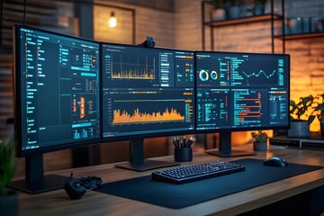 workplace featuring triple monitor setup displaying complex data and code in modern office