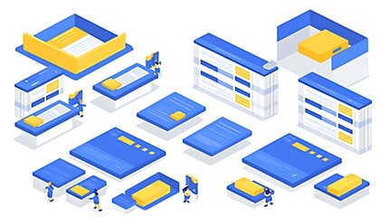 Isometric UI design elements.