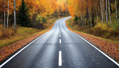 Wall Mural - Beautiful view of asphalt road going through autumn forest top view