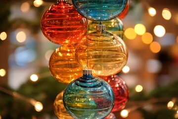Wall Mural - colorful christmas balls hanging with blurred lights in background