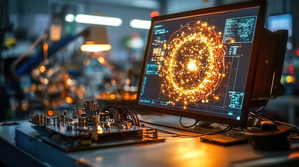 futuristic laboratory desk with computer displaying holographic data and glowing circuits, surrounded by electronic components
