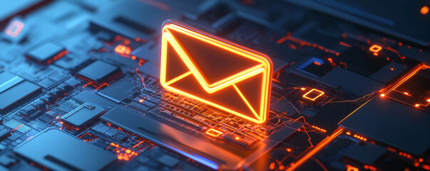 Wall Mural - glowing email icon on circuit board background symbolizes digital communication and technology. this