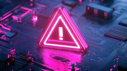 Wall Mural - luminous warning triangle symbolizing virus risk and phishing alerts on digital circuit board. vibra