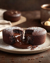 Steaming chocolate dessert on a rustic wooden table