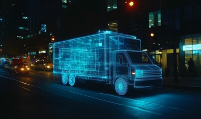 Wall Mural - Wireframe truck on city street at night.