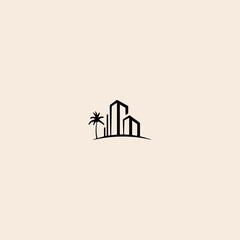 Poster - Building with palm tree icon flat vector design.