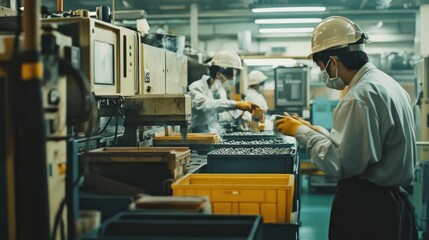 Wall Mural - Factory Workers Assemble Parts on a Production Line