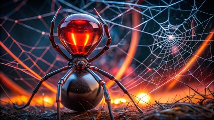 Black Widow Spider Macro UHD Wallpaper: Close-up of a female black widow spider on a web, showcasing intricate details and vibrant colors.
