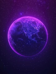 background of planet earth with purple glow, space background, blue and violet gradient, stars in the sky.