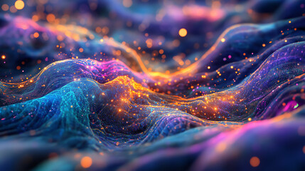 Wall Mural - Vibrant Abstract Waves with Glowing Particles in Colorful Gradient Background