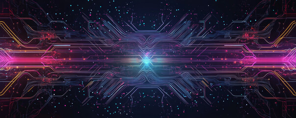 Wall Mural - vibrant neon circuit design with glowing lines and particles, creating futuristic atmosphere. radial