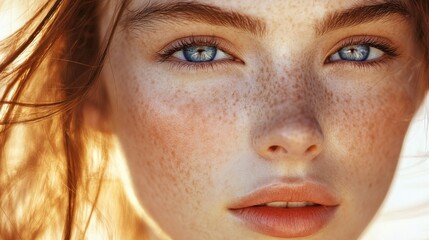 Wall Mural - Close-up Portrait of a Young Woman with Freckles