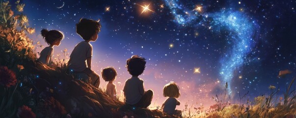 Wall Mural - a whimsical illustration of a group of friends stargazing, their eyes filled with wonder and awe.