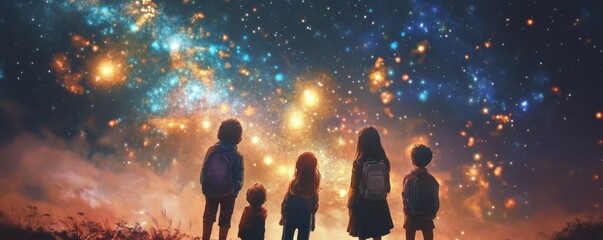 Wall Mural - a whimsical illustration of a group of friends stargazing, their eyes filled with wonder and awe.