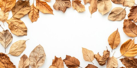 Canvas Print - Autumn dried leaves in various shades of brown arranged in a decorative frame on a white background with ample blank space for text inclusion.