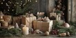 © Studio - Festive holiday scene with rustic gifts in wrapped boxes, natural greenery, warm candles, pinecones, and soft lighting in warm tones.