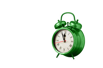 Wall Mural - retro clock, watch, pointer clock, Green color alarm clock on isolated white background close up