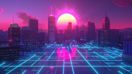 Wall Mural - futuristic cityscape with neon lights at sunset.