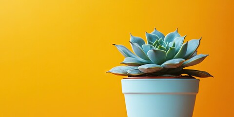 Wall Mural - Potted Echeveria succulent in a light blue pot with a vibrant yellow background showcasing harmony with ample copy space on the left side