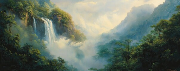 Wall Mural - A classic oil painting of a majestic waterfall cascading down a lush mountainside, shrouded in mist.