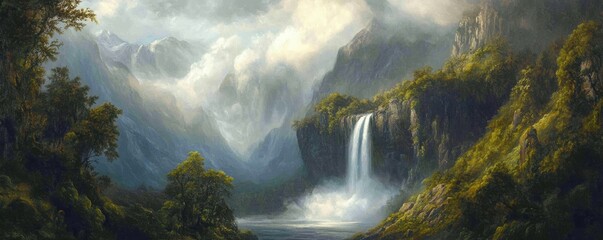 Wall Mural - A classic oil painting of a majestic waterfall cascading down a lush mountainside, shrouded in mist.