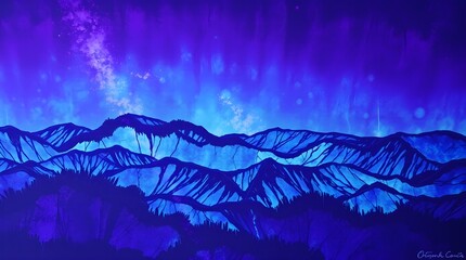 Wall Mural - Vibrant shades of blue and purple depict a mountainous landscape beneath a luminous night sky. The scene evokes a sense of tranquility and mystery, enhanced by the contrasting dark silhouettes 
