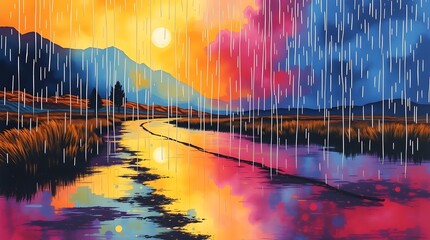 Wall Mural - Vivid colors blend seamlessly as rain cascades over a river reflecting a stunning sunset. Mountains and grasslands frame the scene, creating a harmonious balance in the landscape.