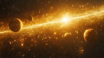 golden planets orbit a radiant celestial river of light