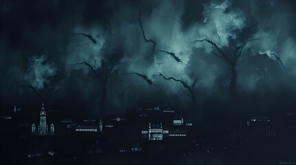 Wall Mural - Dark, stormy clouds loom over a silhouetted cityscape, creating an ominous and eerie atmosphere. Twisted shapes resembling trees or smoke add to the sense of tumult and foreboding.
