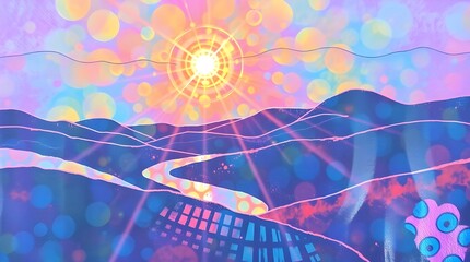 Wall Mural - A vibrant landscape features a glowing sun casting rays over rolling hills and a winding river. Various shades of blue, pink, and purple create a dreamlike, surreal atmosphere. 
