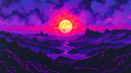 Wall Mural - A vibrant sunset casts a glowing combination of pink, purple, and blue hues across a range of jagged mountains and a winding river. The sky is dramatically illuminated by a large, bright sun setting 