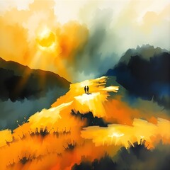 Wall Mural - A couple walks along a golden pathway enveloped by vibrant hues of orange and blue. The scene is bathed in warm sunlight, creating a sense of serenity and wonder.