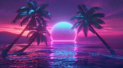 Wall Mural - a neon glowing circle in a tropical beach scene at night.