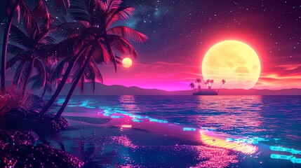 Wall Mural - a vibrant tropical scene with palm trees, a glowing moon, and a starry sky.